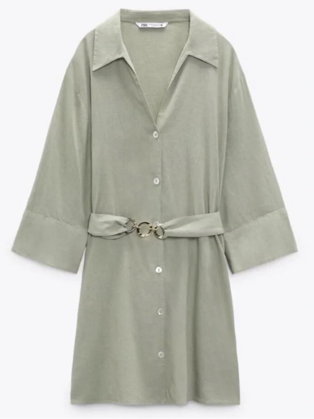 ZARA Sage Green Belted Shirt Dress Ring Buckle XS Mini Dress